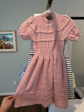 Janie and Jack Pink Textured Knit Dress with Puff Sleeves
